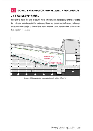 4.6 SOUND PROPAGATION AND RELATED PHENOMENON
4.6.2 SOUND REFLECTION
In order to make the use of sound more efficient, it is necessary for the sound to
be reflected back towards the audience. However. the amount of sound reflected,
with the added design of these reflections, must be carefully controlled to minimize
the creation of echoes.
A DIRECT SOUND
REFLECTED
SOUND
Image 4.6.2A shows sound propagation towards subject at Point A.
Building Science II | ARC3413 | 38
 