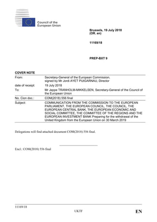 11169/18
UKTF EN
Council of the
European Union
Brussels, 19 July 2018
(OR. en)
11169/18
PREP-BXT 9
COVER NOTE
From: Secretary-General of the European Commission,
signed by Mr Jordi AYET PUIGARNAU, Director
date of receipt: 19 July 2018
To: Mr Jeppe TRANHOLM-MIKKELSEN, Secretary-General of the Council of
the European Union
No. Cion doc.: COM(2018) 556 final
Subject: COMMUNICATION FROM THE COMMISSION TO THE EUROPEAN
PARLIAMENT, THE EUROPEAN COUNCIL, THE COUNCIL, THE
EUROPEAN CENTRAL BANK, THE EUROPEAN ECONOMIC AND
SOCIAL COMMITTEE, THE COMMITTEE OF THE REGIONS AND THE
EUROPEAN INVESTMENT BANK Preparing for the withdrawal of the
United Kingdom from the European Union on 30 March 2019
Delegations will find attached document COM(2018) 556 final.
Encl.: COM(2018) 556 final
 