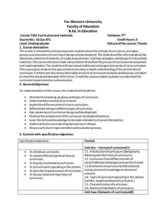 B.ed. 7th sem introduction to curriculum syllabus