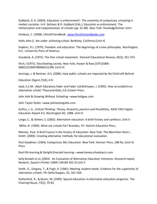 Gabbard, D. A. (2003). Education is enforcement!: The centrality of compulsory schooling in
market societies. In K. Saltman & D. Gabbard (Eds.), Education as enforcement: The
militarization and corporatization of schools (pp. 61-80). New York: RoutledgeFalmer Unit I
Hanbury, C. (2008). Lifeskill handbook. www.lifeskillshandbooks.com
Holts John.(). the under achieving school. Berkeley; California (Unit II)
Hopkins, R.L. (1979). Freedom and education: The beginnings of a new philosophy. Washington,
D.C.: University Press of America.
Graubard, A. (1972). The free school movement. Harvard Educational Review, 42(3), 351-373.
Illich, I (1971). Deschooling society. New York, Harper & Row [1971]ISBN:
00601213949780060121396 (Unit II)
Jennings, J. & Rentner, D.S. (2006). How public schools are impacted by No Child Left Behind.
Education Digest,72(4), 4-9.
Joad, C.E.M. :Adult Education,Faber and Faber Ltd.Kellmayer, J. (1995). How to establish an
alternative school. Thousand Oaks, CA: Corwin Press.
John Holt & Growing Without Schooling –www.holtgws.com
John Taylor Gatto—www.johntaylorgatto.com
Kurfiss, J. G., Critical Thinking: Theory, Research, practice and Possiblities, ASHE-ERIC Higher
Education Report # 2, Washington DC, 1988. Unit IV
Lange, C., & Sletten, S. (2002). Alternative education: A brief history and synthesis. Unit V
Miller, R. (1990). What are schools for? Brandon, VT: Holistic Education Press.
Monroe, Paul. A Brief Course in the history of Education. New York: The Macmillan Nick L.
Smith .(2004). Creating alternative methods for educational evaluation.
Paul Goodman (1964). Compulsory Mis-Education. New York: Horizon Press, 188 Pp. (Unit II)
Press
Real life learning & Delight Directed learning—www.homesschooloasis.com
Sally Kendall et al, (2003). An Evaluation of Alternative Education Initiatives. Research report,
Norwich, Queen's Printer (ISBN 1 84185 922 2) Unit V
Smith, G., Gregory, T., & Pugh, R. (1981). Meeting student needs: Evidence for the superiority of
alternative schools. Phi Delta Kappan, 62, 561-564.
Rutherford, R., & Quinn, M. (1999). Special education in alternative education programs. The
Clearing House, 73(2), 79-81.
 