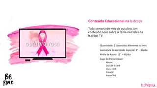 Conteúdo Educacional na b.drops
Toda semana do mês de outubro, um
conteúdo novo sobre o tema nas telas da
b.drops TV.
Quantidade: 5 conteúdos diferentes no mês
Assinatura do conteúdo especial: 3” – 30/dia
Mídia de Apoio: 15” – 60/dia
Logo do Patrocinador:
Master
Ouro SP e CWB
Ouro CWB
Prata SP
Prata CWB
 