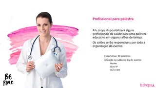 Profissional para palestra
A b.drops disponibilizará alguns
profissionais da saúde para uma palestra
educativa em alguns salões de beleza.
Os salões serão responsáveis por toda a
organização do evento.
Expectativa: 30 palestras
Ativação no salão no dia do evento:
Master
Ouro SP
Ouro CWB
 