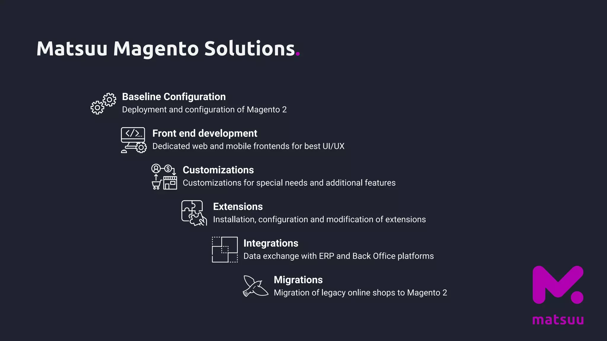Matsuu Magento Solutions.
Baseline Configuration
Deployment and configuration of Magento 2
Front end development
Dedicated web and mobile frontends for best UI/UX
Customizations
Customizations for special needs and additional features
Extensions
Installation, configuration and modification of extensions
Integrations
Data exchange with ERP and Back Office platforms
Migrations
Migration of legacy online shops to Magento 2
 