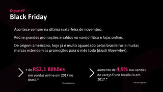 Acontece sempre na última sexta-feira de novembro.
Reúne grandes promoções e saldos no varejo físico e lojas online.
De origem americana, hoje já é muito aguardado pelos brasileiros e muitas
marcas estendem as promoções para o mês todo (Black November).
+ de R$2.1 Bilhões
em vendas online em 2017 no
.. Brasil.*
*Serasa Experian
aumento de 4,9% nas vendas
do varejo físico brasileiro em
2017.*
*Serasa Experian
O que é?
Black Friday
 