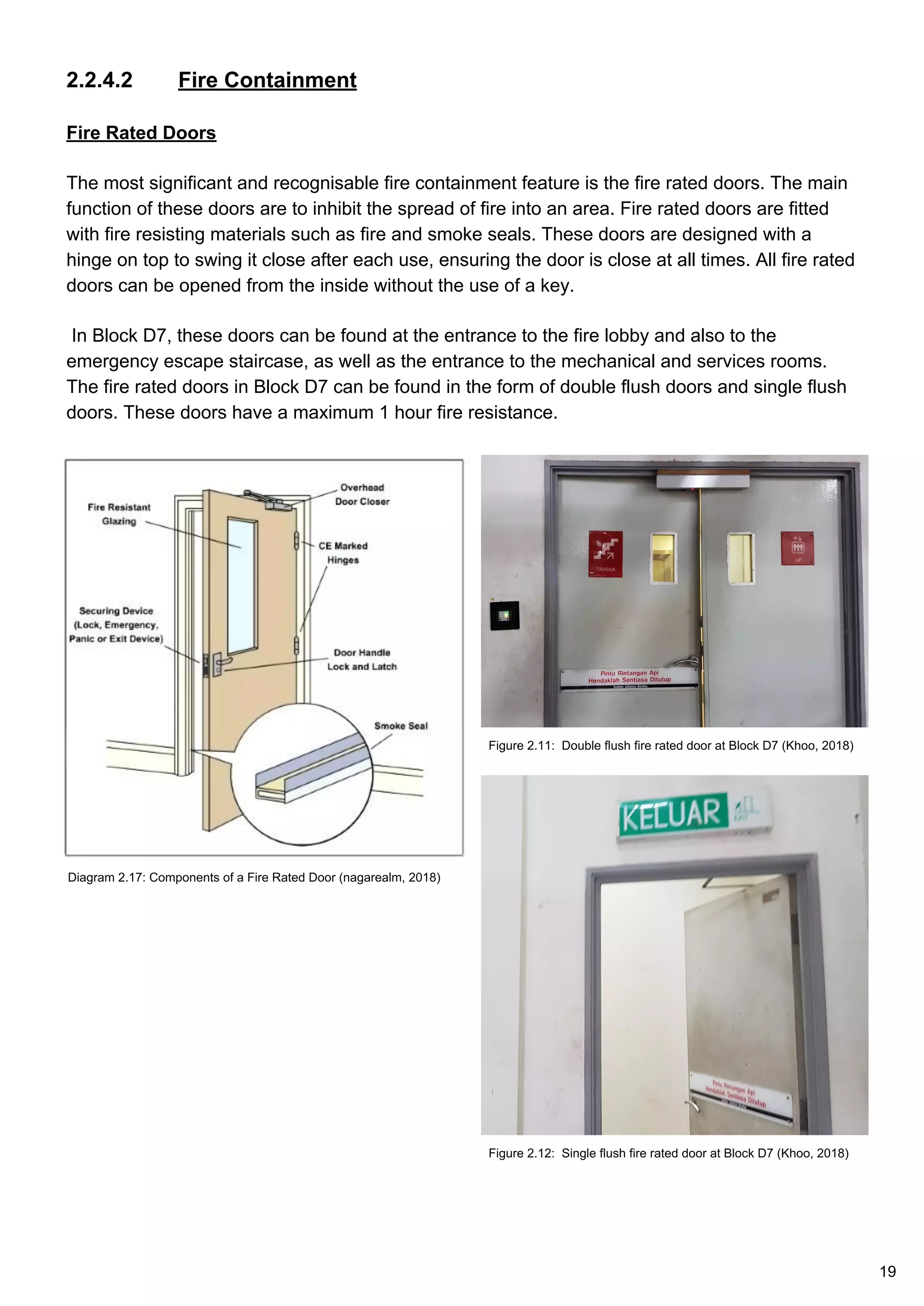 2.2.4.2 Fire Containment
Fire Rated Doors
The most significant and recognisable fire containment feature is the fire rated doors. The main
function of these doors are to inhibit the spread of fire into an area. Fire rated doors are fitted
with fire resisting materials such as fire and smoke seals. These doors are designed with a
hinge on top to swing it close after each use, ensuring the door is close at all times. All fire rated
doors can be opened from the inside without the use of a key.
In Block D7, these doors can be found at the entrance to the fire lobby and also to the
emergency escape staircase, as well as the entrance to the mechanical and services rooms.
The fire rated doors in Block D7 can be found in the form of double flush doors and single flush
doors. These doors have a maximum 1 hour fire resistance.
Diagram 2.17: Components of a Fire Rated Door (nagarealm, 2018)
Figure 2.11: Double flush fire rated door at Block D7 (Khoo, 2018)
Figure 2.12: Single flush fire rated door at Block D7 (Khoo, 2018)
19
 