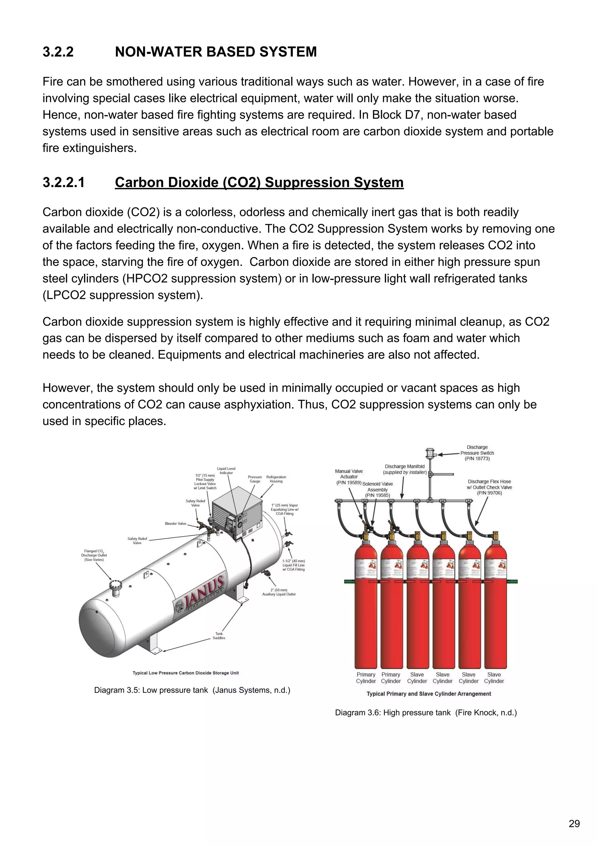 3.2.2 NON-WATER BASED SYSTEM
Fire can be smothered using various traditional ways such as water. However, in a case of fire
involving special cases like electrical equipment, water will only make the situation worse.
Hence, non-water based fire fighting systems are required. In Block D7, non-water based
systems used in sensitive areas such as electrical room are carbon dioxide system and portable
fire extinguishers.
3.2.2.1 Carbon Dioxide (CO2) Suppression System
Carbon dioxide (CO2) is a colorless, odorless and chemically inert gas that is both readily
available and electrically non-conductive. The CO2 Suppression System works by removing one
of the factors feeding the fire, oxygen. When a fire is detected, the system releases CO2 into
the space, starving the fire of oxygen. Carbon dioxide are stored in either high pressure spun
steel cylinders (HPCO2 suppression system) or in low-pressure light wall refrigerated tanks
(LPCO2 suppression system).
Carbon dioxide suppression system is highly effective and it requiring minimal cleanup, as CO2
gas can be dispersed by itself compared to other mediums such as foam and water which
needs to be cleaned. Equipments and electrical machineries are also not affected.
However, the system should only be used in minimally occupied or vacant spaces as high
concentrations of CO2 can cause asphyxiation. Thus, CO2 suppression systems can only be
used in specific places.
Diagram 3.5: Low pressure tank (Janus Systems, n.d.)
Diagram 3.6: High pressure tank (Fire Knock, n.d.)
29
 