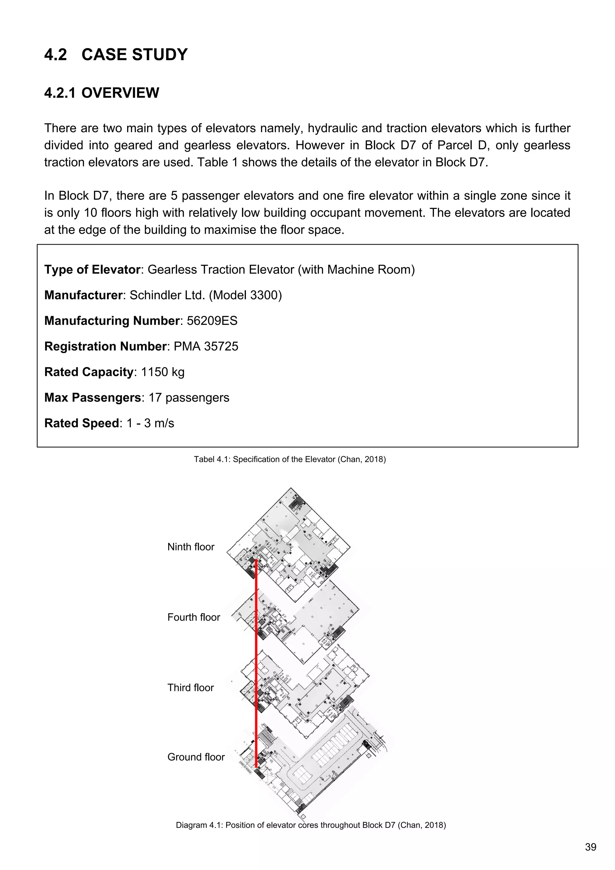 4.2 CASE STUDY
4.2.1 OVERVIEW
There are two main types of elevators namely, hydraulic and traction elevators which is further
divided into geared and gearless elevators. However in Block D7 of Parcel D, only gearless
traction elevators are used. Table 1 shows the details of the elevator in Block D7.
In Block D7, there are 5 passenger elevators and one fire elevator within a single zone since it
is only 10 floors high with relatively low building occupant movement. The elevators are located
at the edge of the building to maximise the floor space.
Type of Elevator: Gearless Traction Elevator (with Machine Room)
Manufacturer: Schindler Ltd. (Model 3300)
Manufacturing Number: 56209ES
Registration Number: PMA 35725
Rated Capacity: 1150 kg
Max Passengers: 17 passengers
Rated Speed: 1 - 3 m/s
Diagram 4.1: Position of elevator cores throughout Block D7 (Chan, 2018)
Ground floor
Ninth floor
Fourth floor
Third floor
Tabel 4.1: Specification of the Elevator (Chan, 2018)
39
 