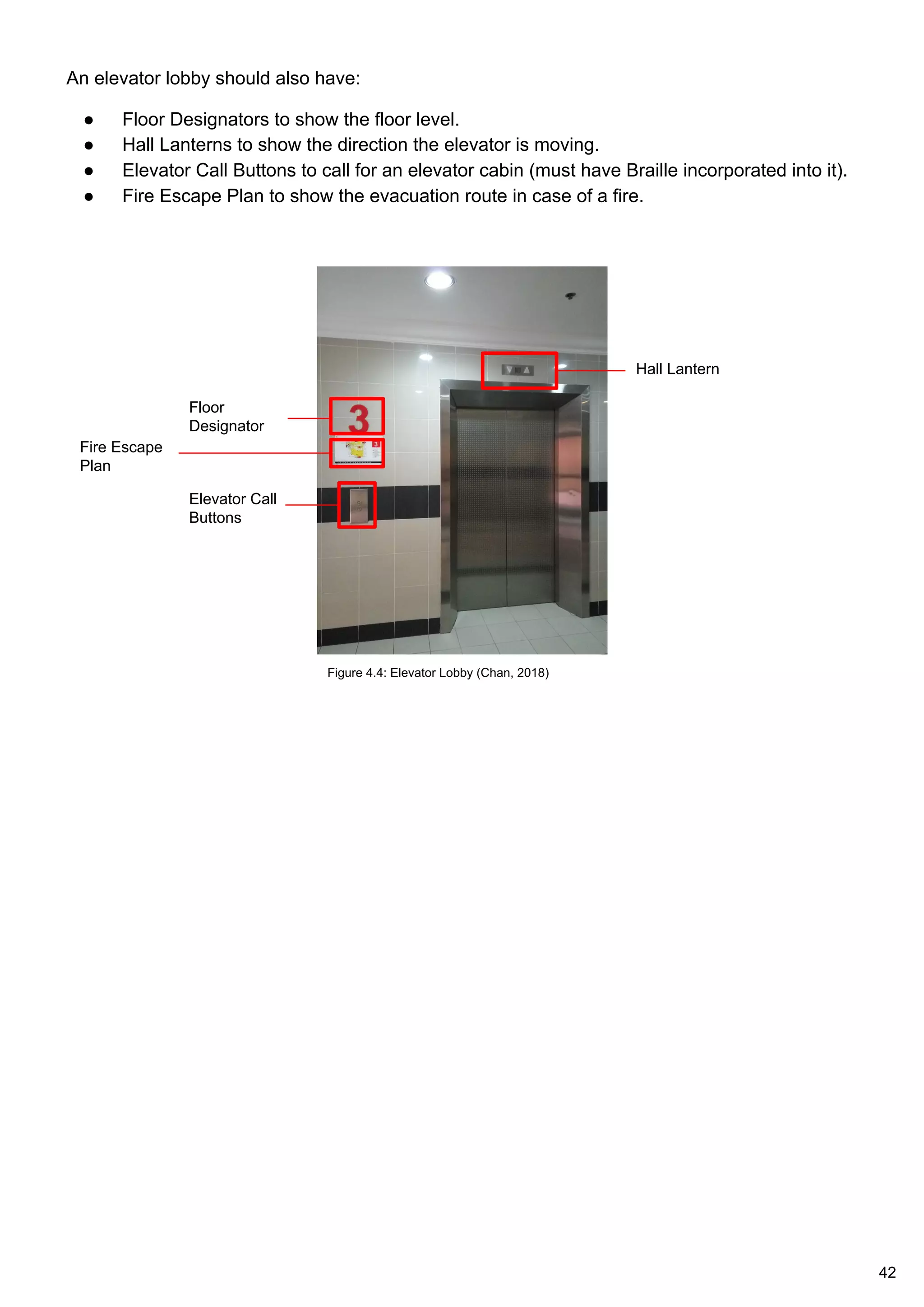 An elevator lobby should also have:
● Floor Designators to show the floor level.
● Hall Lanterns to show the direction the elevator is moving.
● Elevator Call Buttons to call for an elevator cabin (must have Braille incorporated into it).
● Fire Escape Plan to show the evacuation route in case of a fire.
Figure 4.4: Elevator Lobby (Chan, 2018)
Floor
Designator
Hall Lantern
Elevator Call
Buttons
Fire Escape
Plan
42
 