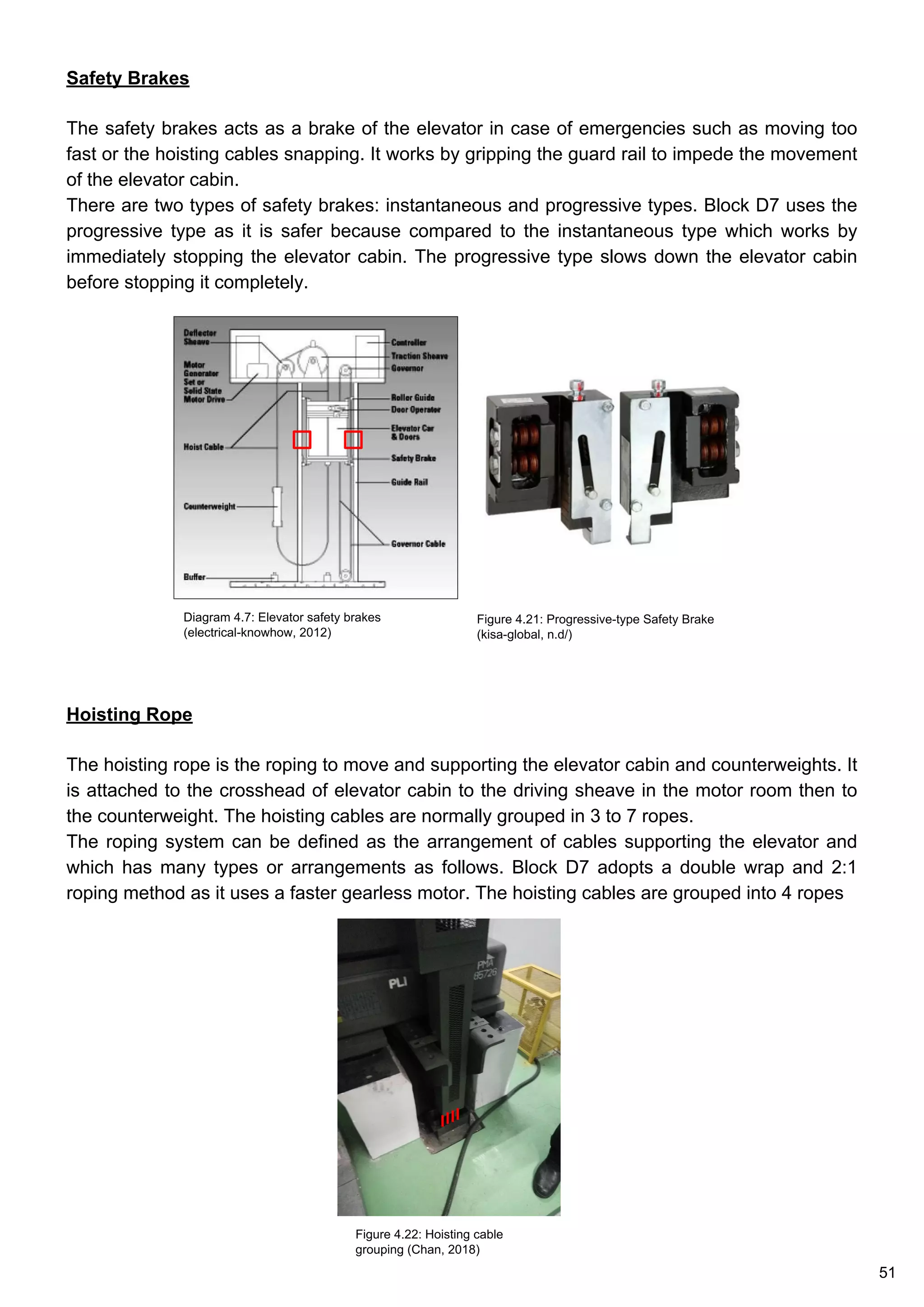 Safety Brakes
The safety brakes acts as a brake of the elevator in case of emergencies such as moving too
fast or the hoisting cables snapping. It works by gripping the guard rail to impede the movement
of the elevator cabin.
There are two types of safety brakes: instantaneous and progressive types. Block D7 uses the
progressive type as it is safer because compared to the instantaneous type which works by
immediately stopping the elevator cabin. The progressive type slows down the elevator cabin
before stopping it completely.
Hoisting Rope
The hoisting rope is the roping to move and supporting the elevator cabin and counterweights. It
is attached to the crosshead of elevator cabin to the driving sheave in the motor room then to
the counterweight. The hoisting cables are normally grouped in 3 to 7 ropes.
The roping system can be defined as the arrangement of cables supporting the elevator and
which has many types or arrangements as follows. Block D7 adopts a double wrap and 2:1
roping method as it uses a faster gearless motor. The hoisting cables are grouped into 4 ropes
Figure 4.22: Hoisting cable
grouping (Chan, 2018)
Diagram 4.7: Elevator safety brakes
(electrical-knowhow, 2012)
Figure 4.21: Progressive-type Safety Brake
(kisa-global, n.d/)
51
 