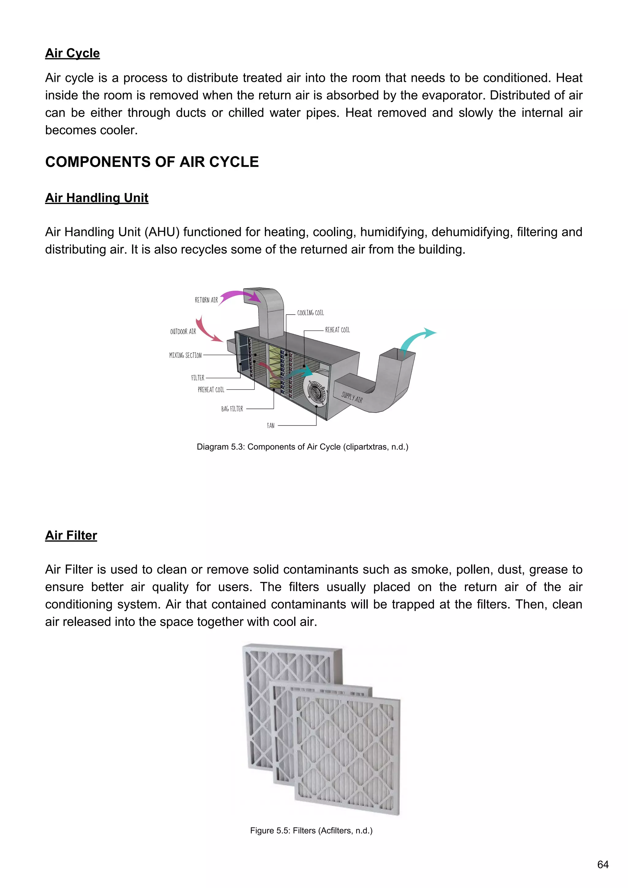 Air Cycle
Air cycle is a process to distribute treated air into the room that needs to be conditioned. Heat
inside the room is removed when the return air is absorbed by the evaporator. Distributed of air
can be either through ducts or chilled water pipes. Heat removed and slowly the internal air
becomes cooler.
COMPONENTS OF AIR CYCLE
Air Handling Unit
Air Handling Unit (AHU) functioned for heating, cooling, humidifying, dehumidifying, filtering and
distributing air. It is also recycles some of the returned air from the building.
Air Filter
Air Filter is used to clean or remove solid contaminants such as smoke, pollen, dust, grease to
ensure better air quality for users. The filters usually placed on the return air of the air
conditioning system. Air that contained contaminants will be trapped at the filters. Then, clean
air released into the space together with cool air.
Diagram 5.3: Components of Air Cycle (clipartxtras, n.d.)
Figure 5.5: Filters (Acfilters, n.d.)
64
 
