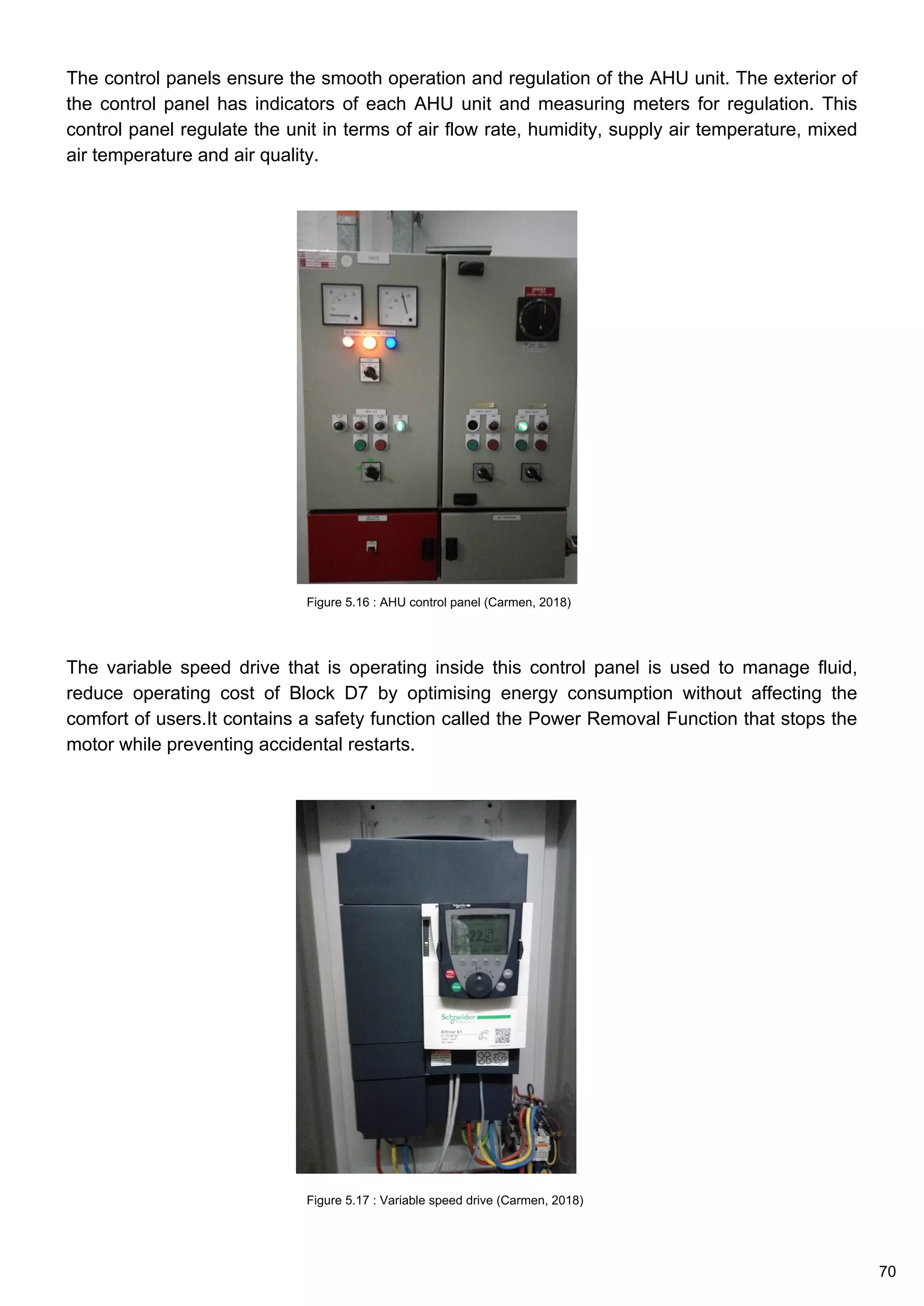 The control panels ensure the smooth operation and regulation of the AHU unit. The exterior of
the control panel has indicators of each AHU unit and measuring meters for regulation. This
control panel regulate the unit in terms of air flow rate, humidity, supply air temperature, mixed
air temperature and air quality.
The variable speed drive that is operating inside this control panel is used to manage fluid,
reduce operating cost of Block D7 by optimising energy consumption without affecting the
comfort of users.It contains a safety function called the Power Removal Function that stops the
motor while preventing accidental restarts.
Figure 5.16 : AHU control panel (Carmen, 2018)
Figure 5.17 : Variable speed drive (Carmen, 2018)
70
 
