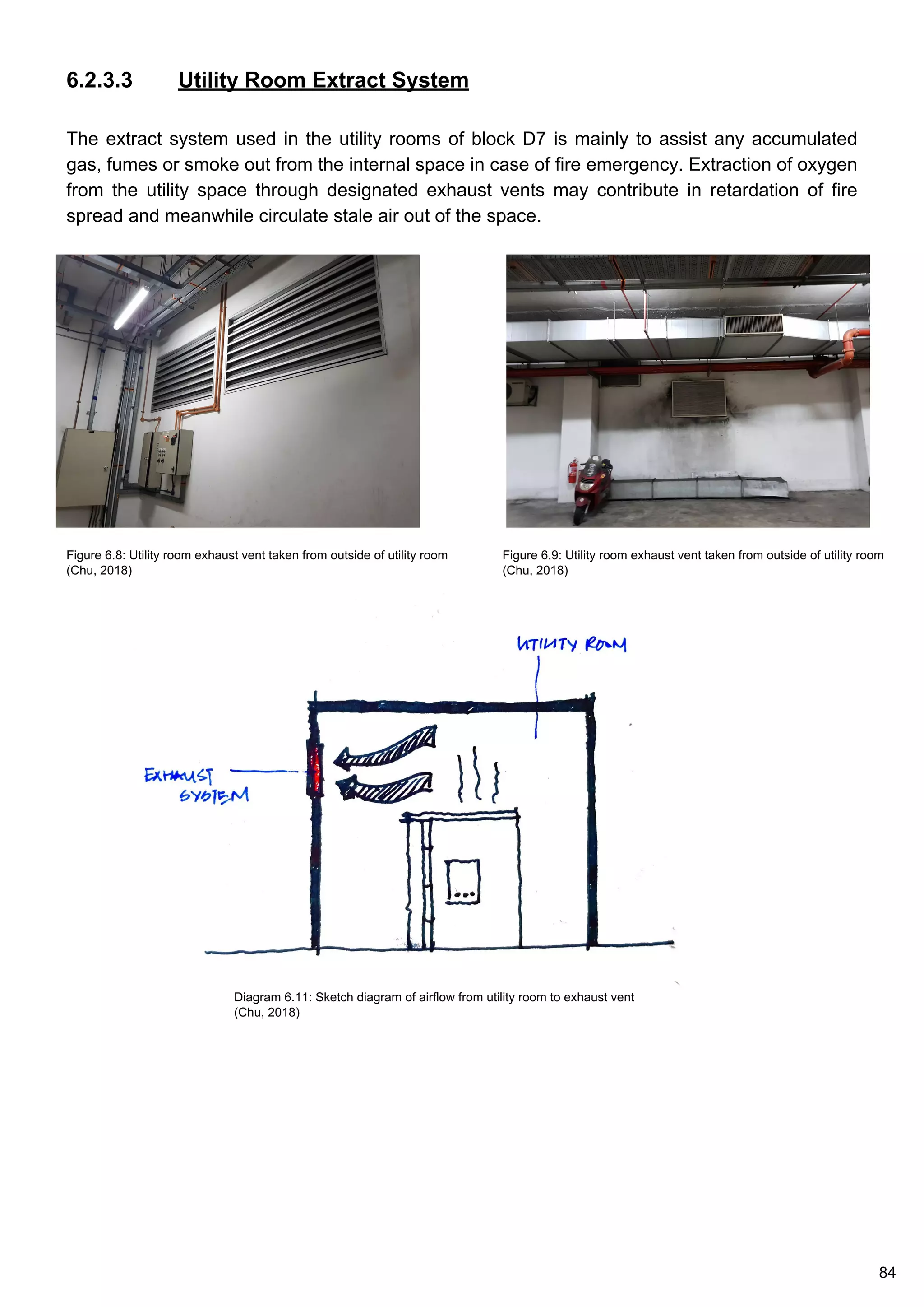 6.2.3.3 Utility Room Extract System
The extract system used in the utility rooms of block D7 is mainly to assist any accumulated
gas, fumes or smoke out from the internal space in case of fire emergency. Extraction of oxygen
from the utility space through designated exhaust vents may contribute in retardation of fire
spread and meanwhile circulate stale air out of the space.
Figure 6.8: Utility room exhaust vent taken from outside of utility room
(Chu, 2018)
Figure 6.9: Utility room exhaust vent taken from outside of utility room
(Chu, 2018)
Diagram 6.11: Sketch diagram of airflow from utility room to exhaust vent
(Chu, 2018)
84
 