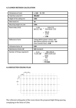 4.5 LUMEN METHOD CALCULATION
4.6 REFLECTED CEILING PLAN
The reflected ceiling plan of the room shows the proposed light fitting spacing
complying to the Smax of 2.8m.
 