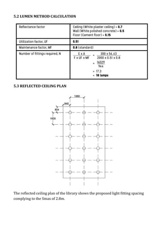 5.2 LUMEN METHOD CALCULATION
5.3 REFLECTED CEILING PLAN
The reflected ceiling plan of the library shows the proposed light fitting spacing
complying to the Smax of 2.8m.
 