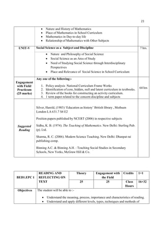 23
 Nature and History of Mathematics
 Place of Mathematics in School Curriculum
 Mathematics in Day-to-day life
 Relationship of Mathematics with Other Subjects
UNIT-V Social Science as a Subject and Discipline 7 hrs.
 Nature and Philosophy of Social Science
 Social Science as an Area of Study
 Need of Studying Social Science through Interdisciplinary
Perspectives
 Place and Relevance of Social Science in School Curriculum
Engagement
with Field/
Practicum
(25 marks)
Any one of the following:-
1. Policy analysis National Curriculum Frame Works
2. Identification of core, hidden, null and latent curriculum in textbooks.
3. Review of the books for constructing an activity curriculum.
4. 1 term paper related to the concern discipline and subjects
64 hrs
Suggested
Reading
Silver, Harold, (1983) ‘Education as history’ British library , Methuen
London LA 631.7 S4 E2
Position papers published by NCERT (2006) in respective subjects
Sidhu, K. B. (1974). The Teaching of Mathematics. New Delhi: Sterling Pub.
(p). Ltd.
Sharma, R. C. (2006). Modern Science Teaching. New Delhi: Dhanpat rai
publishing comp.
Binning A.C. & Binning A.H. : Teaching Social Studies in Secondary
Schools, New Yorks, McGraw Hill & Co.
BED1.EPC 1
READING AND
REFLECTING ON
TEXT
Theory Engagement with
the Field
Credits 1+1
25 25 Class
Hours
16+32
Objectives The student will be able to :-
 Understand the meaning, process, importance and characteristics of reading.
 Understand and apply different levels, types, techniques and methods of
 
