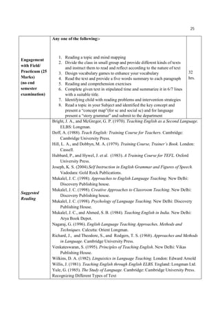 25
Engagement
with Field/
Practicum (25
Marks)
(no end
semester
examination)
Any one of the following:-
1. Reading a topic and mind mapping
2. Divide the class in small group and provide different kinds of texts
and instruct them to read and reflect according to the nature of text
3. Design vocabulary games to enhance your vocabulary
4. Read the text and provide a five words summary to each paragraph
5. Reading and comprehension exercises
6. Complete given text in stipulated time and summarize it in 6/7 lines
with a suitable title.
7. Identifying child with reading problems and intervention strategies
8. Read a topic in your Subject and identified the key concept and
present a “concept map”(for sc and social sc) and for language
present a “story grammar” and submit to the department
32
hrs.
Suggested
Reading
Bright, J. A., and McGregor, G. P. (1970). Teaching English as a Second Language.
ELBS: Longman.
Doff, A. (1988). Teach English: Training Course for Teachers. Cambridge:
Cambridge University Press.
Hill, L. A., and Dobbyn, M. A. (1979). Training Course, Trainer’s Book. London:
Cassell.
Hubbard, P., and Hywel, J. et al. (1983). A Training Course for TEFL. Oxford
University Press.
Joseph, K. S. (2004).Self Instruction in English Grammar and Figures of Speech.
Vadodara: Gold Rock Publications.
Mukalel, J. C. (1998). Approaches to English Language Teaching. New Delhi:
Discovery Publishing house.
Mukalel, J. C. (1998). Creative Approaches to Classroom Teaching. New Delhi:
Discovery Publishing house.
Mukalel, J. C. (1998). Psychology of Language Teaching. New Delhi: Discovery
Publishing House.
Mukalel, J. C., and Ahmed, S. B. (1984). Teaching English in India. New Delhi:
Arya Book Depot.
Nagaraj, G. (1996). English Language Teaching Approaches, Methods and
Techniques. Calcutta: Orient Longman.
Richard, J., and Theodore, S., and Rodgers, T. S. (1968). Approaches and Methods
in Language. Cambridge University Press.
Venkateswaran, S. (1995). Principles of Teaching English. New Delhi: Vikas
Publishing House.
Wilkins, D. A. (1982). Linguistics in Language Teaching. London: Edward Arnold
Willis, J. (1981). Teaching English through English ELBS. England: Longman Ltd.
Yule, G. (1985). The Study of Language. Cambridge: Cambridge University Press.
Recognizing Different Types of Text
 