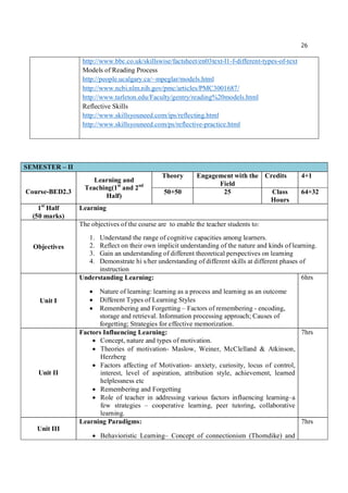 26
http://www.bbc.co.uk/skillswise/factsheet/en03text-l1-f-different-types-of-text
Models of Reading Process
http://people.ucalgary.ca/~mpeglar/models.html
http://www.ncbi.nlm.nih.gov/pmc/articles/PMC3001687/
http://www.tarleton.edu/Faculty/gentry/reading%20models.html
Reflective Skills
http://www.skillsyouneed.com/ips/reflecting.html
http://www.skillsyouneed.com/ps/reflective-practice.html
SEMESTER – II
Course-BED2.3
Learning and
Teaching(1st
and 2nd
Half)
Theory Engagement with the
Field
Credits 4+1
50+50 25 Class
Hours
64+32
1st
Half
(50 marks)
Learning
Objectives
The objectives of the course are to enable the teacher students to:
1. Understand the range of cognitive capacities among learners.
2. Reflect on their own implicit understanding of the nature and kinds of learning.
3. Gain an understanding of different theoretical perspectives on learning
4. Demonstrate hi s/her understanding of different skills at different phases of
instruction
Unit I
Understanding Learning:
 Nature of learning: learning as a process and learning as an outcome
 Different Types of Learning Styles
 Remembering and Forgetting – Factors of remembering - encoding,
storage and retrieval. Information processing approach; Causes of
forgetting; Strategies for effective memorization.
6hrs
Unit II
Factors Influencing Learning:
 Concept, nature and types of motivation.
 Theories of motivation- Maslow, Weiner, McClelland & Atkinson,
Herzberg
 Factors affecting of Motivation- anxiety, curiosity, locus of control,
interest, level of aspiration, attribution style, achievement, learned
helplessness etc
 Remembering and Forgetting
 Role of teacher in addressing various factors influencing learning–a
few strategies – cooperative learning, peer tutoring, collaborative
learning.
7hrs
Unit III
Learning Paradigms:
 Behavioristic Learning– Concept of connectionism (Thorndike) and
7hrs
 