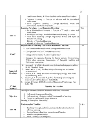27
conditioning (Pavlov & Skinner) and their educational implications.
 Cognitive Learning – Concept of Gestalt and its educational
implications;
 Social Cognitive Learning – Concept (Bandura), nature and
implications. Teacher as role model.
Unit IV
Learning Paradigms II and Transfer of learning:
 Social Constructivist Learning – Concept of Vygotsky, nature and
implications.
 Meaningful learning – Ausubel and Discovery learning by Bruner
 Brain based Learning Concept, Importance, Nature and Types of
Transfer of Learning
 Theories of Transfer of Learning
 Methods of enhancing Transfer of Learning
7hrs
Unit V
Organization of Learning Experiences: Issues and Concerns:
 Slow Learner and Gifted Learner: concept and identification
 Concept and Causes of “Learned Helplessness”
 Strategies for overcome “Learned Helplessness”
 Strategies for organizing learning for diverse learners- Brainstorming,
Within class grouping, Organisation of Remedial teaching and
Enrichment programme.
5 hrs
Suggested
Readings
1. Aggarwal, J. C. (2001). Principles, methods and techniques of teaching.
Delhi: Vikas Pub House.
2. Bower, G. M. (1986). The Psychology of learning and motivation.
Academic Press.
3. Chauhan, S. S. (2000). Advanced educational psychology. New Delhi:
Vikas Publishing House.
4. DeCecco, J, P. & Crawford, W. (1977). Psychology of learning and
instruction. New Delhi: Prentice hall of India
5. Mangal & Mangal (2010). Essentials of Educational Technology. New
Delhi: PHI
2nd
Half
(50marks)
Teaching for Learning
Objectives
The objectives of the course are to enable the teacher students to:
1. Understand the process of teaching
2. Understand and efficiently used different models of teaching.
3. Engage in teaching with proper approach.
Develop skills required for teaching
Unit VI
Understanding Teaching:
 Teaching: Concepts, definition, nature and characteristics factors
affecting teaching.
 Relation between Teaching, Instruction and Training.
 Modern concept of teaching-
 Smart Teaching- Ron Fitzgerald
6 hrs
 