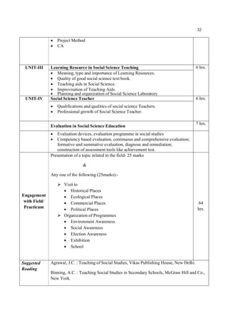 32
 Project Method
 CA
UNIT-III Learning Resource in Social Science Teaching 6 hrs.
 Meaning, type and importance of Learning Resources.
 Quality of good social science text book.
 Teaching aids in Social Science.
 Improvisation of Teaching Aids.
 Planning and organization of Social Science Laboratory
UNIT-IV Social Science Teacher 6 hrs.
 Qualifications and qualities of social science Teachers.
 Professional growth of Social Science Teacher.
Evaluation in Social Science Education
7 hrs.
 Evaluation devices, evaluation programme in social studies
 Competency based evaluation, continuous and comprehensive evaluation;
formative and summative evaluation, diagnose and remediation;
construction of assessment tools like achievement test.
Engagement
with Field/
Practicum
Presentation of a topic related to the field- 25 marks
&
Any one of the following (25marks):-
 Visit to
 Historical Places
 Ecological Places
 Commercial Places
 Political Places
 Organization of Programmes
 Environment Awareness
 Social Awareness
 Election Awareness
 Exhibition
 School
64
hrs.
Suggested
Reading
Agrawal, J.C. : Teaching of Social Studies, Vikas Publishing House, New Delhi.
Binning, A.C. : Teaching Social Studies in Secondary Schools, McGraw Hill and Co.,
New York.
 