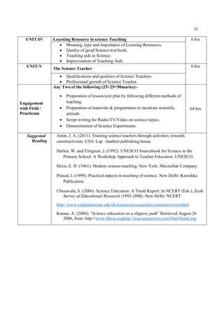 37
UNIT-IV Learning Resource in science Teaching 6 hrs.
 Meaning, type and importance of Learning Resources.
 Quality of good Science text book.
 Teaching aids in Science.
 Improvisation of Teaching Aids.
UNIT-V
The Science Teacher
6 hrs.
 Qualifications and qualities of Science Teachers.
 Professional growth of Science Teacher.
Engagement
with Field /
Practicum
Any Two of the following (25+25=50marks):-
 Preparation of lesson/unit plan by following different methods of
teaching.
 Preparation of materials & programmes to inculcate scientific
attitude.
 Script writing for Radio/TV/Video on science topics.
 Demonstration of Science Experiments.
64 hrs.
Suggested
Reading
Amin, J. A. (2011). Training science teachers through activities; towards
constructivism. USA: Lap –lambert publishing house.
Harlen, W. and Elstgeest, J. (1992). UNESCO Sourcebook for Science in the
Primary School: A Workshop Approach to Teacher Education. UNESCO.
Heiss, E. D. (1961). Modern science teaching. New York: Macmillan Company.
Prasad, J. (1999). Practical aspects in teaching of science. New Delhi: Kanishka
Publication.
Chunavala, S. (2006). Science Education: A Trend Report. In NCERT (Eds.), Sixth
Survey of Educational Research (1993-2000). New Delhi: NCERT.
http://www.exploratorium.edu/ifi/resources/researches/constructivism.html
Kumar, A. (2004). “Science education on a slippery path” Retrieved August 26
2006, from: http://www.hbcse.orghttp://insa.acpservers.com/html/home.asp
 