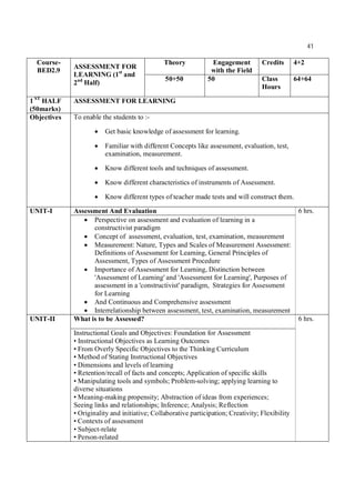 41
Course-
BED2.9
ASSESSMENT FOR
LEARNING (1st
and
2nd
Half)
Theory Engagement
with the Field
Credits 4+2
50+50 50 Class
Hours
64+64
1 ST
HALF
(50marks)
ASSESSMENT FOR LEARNING
Objectives To enable the students to :-
 Get basic knowledge of assessment for learning.
 Familiar with different Concepts like assessment, evaluation, test,
examination, measurement.
 Know different tools and techniques of assessment.
 Know different characteristics of instruments of Assessment.
 Know different types of teacher made tests and will construct them.
UNIT-I Assessment And Evaluation 6 hrs.
 Perspective on assessment and evaluation of learning in a
constructivist paradigm
 Concept of assessment, evaluation, test, examination, measurement
 Measurement: Nature, Types and Scales of Measurement Assessment:
Definitions of Assessment for Learning, General Principles of
Assessment, Types of Assessment Procedure
 Importance of Assessment for Learning, Distinction between
'Assessment of Learning' and 'Assessment for Learning', Purposes of
assessment in a 'constructivist' paradigm, Strategies for Assessment
for Learning
 And Continuous and Comprehensive assessment
 Interrelationship between assessment, test, examination, measurement
UNIT-II What is to be Assessed? 6 hrs.
Instructional Goals and Objectives: Foundation for Assessment
• Instructional Objectives as Learning Outcomes
• From Overly Specific Objectives to the Thinking Curriculum
• Method of Stating Instructional Objectives
• Dimensions and levels of learning
• Retention/recall of facts and concepts; Application of specific skills
• Manipulating tools and symbols; Problem-solving; applying learning to
diverse situations
• Meaning-making propensity; Abstraction of ideas from experiences;
Seeing links and relationships; Inference; Analysis; Reflection
• Originality and initiative; Collaborative participation; Creativity; Flexibility
• Contexts of assessment
• Subject-relate
• Person-related
 