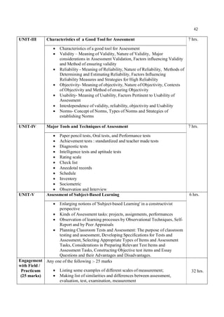 42
UNIT-III Characteristics of a Good Tool for Assessment 7 hrs.
 Characteristics of a good tool for Assessment
 Validity – Meaning of Validity, Nature of Validity, Major
considerations in Assessment Validation, Factors influencing Validity
and Method of ensuring validity
 Reliability - Meaning of Reliability, Nature of Reliability, Methods of
Determining and Estimating Reliability, Factors Influencing
Reliability Measures and Strategies for High Reliability
 Objectivity- Meaning of objectivity, Nature of Objectivity, Contexts
of Objectivity and Method of ensuring Objectivity
 Usability- Meaning of Usability, Factors Pertinent to Usability of
Assessment
 Interdependence of validity, reliability, objectivity and Usability
 Norms- Concept of Norms, Types of Norms and Strategies of
establishing Norms
UNIT-IV Major Tools and Techniques of Assessment 7 hrs.
 Paper pencil tests, Oral tests, and Performance tests
 Achievement tests : standardized and teacher made tests
 Diagnostic tests
 Intelligence tests and aptitude tests
 Rating scale
 Check list
 Anecdotal records
 Schedule
 Inventory
 Sociometric
 Observation and Interview
UNIT-V Assessment of Subject-Based Learning 6 hrs.
 Enlarging notions of 'Subject-based Learning' in a constructivist
perspective
 Kinds of Assessment tasks: projects, assignments, performances
 Observation of learning processes by Observational Techniques, Self-
Report and by Peer Appraisals
 Planning Classroom Tests and Assessment: The purpose of classroom
testing and assessment, Developing Specifications for Tests and
Assessment, Selecting Appropriate Types of Items and Assessment
Tasks, Considerations in Preparing Relevant Test Items and
Assessment Tasks, Constructing Objective test items and Essay
Questions and their Advantages and Disadvantages.
Engagement
with Field /
Practicum
(25 marks)
Any one of the following :- 25 marks
 Listing some examples of different scales of measurement;
 Making list of similarities and differences between assessment,
evaluation, test, examination, measurement
32 hrs.
 