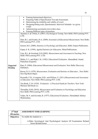 43
 Framing Instructional objectives;
 Preparing Table of Specification Test and Assessment;
 Determining the reliability and validity of a tool;
 Designing Rating scale, Questionnaire, Interview Schedule in a given
a topic
 Administering sociometric test in their class;
 Framing Different types of questions.
Suggested
Reading
Anastasi,A. & Urbina, S. (2007). Psychological Testing. New Delhi: PHI Learning PVT.
LTD.
Ebel, R.L. and Fresbie, D.A. (2009). Essentials of Educational Measurement. New Delhi:
PHI Learning PVT. LTD.
Garrett, H.E. (2008). Statistics in Psychology and Education. Delhi: Surjeet Publication.
Gupta, S. K. (1994). Applied Statistics for Education. Mittal Publications.
Linn, R.L. & Gronlund, N.E.(2005). Measurement and Assessment in Teaching. New
Delhi: PHI Learning PVT. LTD.
Mehta, S. J., and Shah, I. K. (1982). Educational Evaluation. Ahmedabad: Anand
Prakashan (Gujarati).
Rani, P. (2004). Educational Measurement and Evaluation. New Delhi: Discovery
Publishers.
Rawat, D. S. (1970). Measurement, Evaluation and Statistics in Education. , New Delhi:
New Raj Book Depot.
Reynolds, C.R., Livingston, R.B., and Willson, V. (2011).Measurement and Assessment
in Education. New Delhi: PHI Learning PVT. LTD.
Ten Brink, T. D. (1974). Evaluation - A Practical Guide for Teachers. New York:
McGraw Hill Book Co.
Thorndike, R.M. (2010). Measurement and Evaluation in Psychology and Education.
New Delhi: PHI Learning PVT. LTD.
Yadav, M. S. and Govinda, R. (1977). Educational Evaluation, Ahmedabad: Sahitya
Mudranalaya.
2nd
Half
(50 marks)
ASSESSMENT FOR LEARNING
Objectives To enable the students to :-
 Make Sociological And Psychological Analysis Of Examination Related
Issues Related Issues
 
