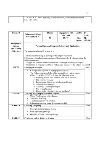 54
11. Konli, A.S. (1996). Teaching of Social Studies, Anmol Publications Pvt.
Ltd., New Delhi.
BED3.7B
Pedagogy of School
Subject Part- II
Theory Engagement with
the Field
Credits 2+
(1+3)
50 25+ 75* Class
Hours
32+
(32+96)
Pedagogy of
Science
(50 Marks)
Physical Science, Computer Science and Application
Objectives The student teachers will be able to :-
1. Be aware of teaching & learning of the subject concerned.
2. Examine critically the major concept, ideas, principles & values relating the
subject concerned.
3. Engage the students into the methods of Teaching & learning the subject.
4. Make them to be component to do pedagogical analysis of the subject concerned.
UNIT-I Pedagogical Analysis 6 hrs.
 Concepts and Methods of Pedagogical Analysis;
 The Pedagogical knowledge of the content from various classes
(Class -VI to VIII, X-X,XI- XII) on the following items :
 Breaking of Unit into Sub-unit with no. of Periods;
 Previous knowledge;
 Instructional Objectives in behavioural terms;
 Sub-unit wise concepts
 Teaching- Learning Strategies
 Use of teaching aids
 Blueprint for criterion reference test Items'
UNIT-II Teaching Skill (As per concerned subject) 7 hrs.
 Micro Teaching and Micro Lesson
 Simulated Teaching;
 Teaching in classroom situation.
 Laboratory practical based demonstration skill.
UNIT-III Learning Designing 7 hrs.
 Concept, Importance and Types;
 Steps of learning Design.
 Qualities of Good Learning Design.
UNIT-IV Practicum and Activities in Science 6 hrs.
 