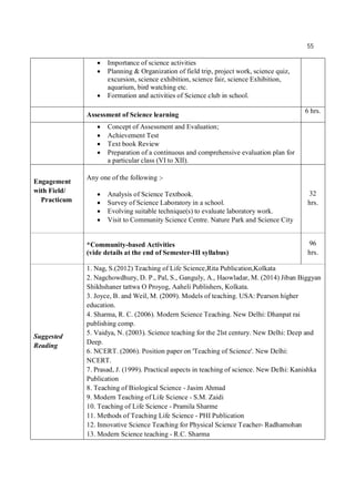 55
 Importance of science activities
 Planning & Organization of field trip, project work, science quiz,
excursion, science exhibition, science fair, science Exhibition,
aquarium, bird watching etc.
 Formation and activities of Science club in school.
Assessment of Science learning
6 hrs.
 Concept of Assessment and Evaluation;
 Achievement Test
 Text book Review
 Preparation of a continuous and comprehensive evaluation plan for
a particular class (VI to XII).
Engagement
with Field/
Practicum
Any one of the following :-
 Analysis of Science Textbook.
 Survey of Science Laboratory in a school.
 Evolving suitable technique(s) to evaluate laboratory work.
 Visit to Community Science Centre. Nature Park and Science City
32
hrs.
*Community-based Activities
(vide details at the end of Semester-III syllabus)
96
hrs.
Suggested
Reading
1. Nag, S.(2012) Teaching of Life Science,Rita Publication,Kolkata
2. Nagchowdhury, D. P., Pal, S., Ganguly, A., Haowladar, M. (2014) Jiban Biggyan
Shikhshaner tattwa O Proyog, Aaheli Publishers, Kolkata.
3. Joyce, B. and Weil, M. (2009). Models of teaching. USA: Pearson higher
education.
4. Sharma, R. C. (2006). Modern Science Teaching. New Delhi: Dhanpat rai
publishing comp.
5. Vaidya, N. (2003). Science teaching for the 2lst century. New Delhi: Deep and
Deep.
6. NCERT. (2006). Position paper on 'Teaching of Science'. New Delhi:
NCERT.
7. Prasad, J. (1999). Practical aspects in teaching of science. New Delhi: Kanishka
Publication
8. Teaching of Biological Science - Jasim Ahmad
9. Modern Teaching of Life Science - S.M. Zaidi
10. Teaching of Life Science - Pramila Sharme
11. Methods of Teaching Life Science - PHI Publication
12. Innovative Science Teaching for Physical Science Teacher- Radhamohan
13. Modern Science teaching - R.C. Sharma
 