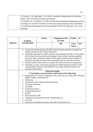58
13. Kinney, L. B., and Purdy, C. R. (1965). Teaching of Mathematics in Secondary
School. New York; Holt, Rinchart and Winston.
14. Koehler, M. J. & Mishra, P. (2008). Introducing technological pedagogical content
knowledge. In AACTE Committee on Innovation and Technology (Eds.), Handbook
of technological pedagogical content knowledge (TPACK) for educators. New York:
Rutledge.
BED3.SI
SCHOOL
INTERNSHIP
Theory Engagement with
the Field
Credits 12
300 Class
Hours
416
 At least 60 learning designs should be delivered (duly prepared and approved
learning designs by the Teacher Educators)
 During this semester the student teachers are acquainted with the overall conduct
of the school activities and record keeping. It may include morning assembly,
class time table, attendance register, stock register, mid-day meal, conduct of
periodical meetings, purchase and consumption and co-curricular activities.
 Student teachers will be able to recognize the needs of In-Service programme.
 Internship, as such, orients and acquaints the student teachers with the overall
working of the school to make him/her fit to conduct himself/ herself in all
activities of the school.
School Internship
(*Community -based activities shall consist of the following)
 Organization of a rally or campaign on any social issue e.g. Polio, HIV, Electoral
Rights, Gender sensitization etc.
 Gardening.
 Cleanliness of the campus and beautification
 Cleaning of furniture
 Assembly
 Community Games
 Cultural Programmes
 SUPW
 Scout & Guide /NSS
 Celebration of National Festivals. Teachers Day etc.
 First Aid
 Aesthetic development activities- decoration of classroom etc.
 