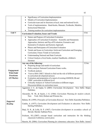 62
 Significance of Curriculum Implementation
 Models of Curriculum Implementation
 Curricular team and its functions at local, state and national levels.
 Tools of implementation. Hand-books, Manuals, Textbooks, Modules,
Instructional Materials
 Training teachers for curriculum implementation
Unit V
Curriculum Evaluation, Issues and Trends
6 hrs
 Nature and Purpose of Curriculum Evaluation.
 Approaches of Curriculum Evaluation – Scientific and Humanistic
Approaches, Intrinsic and Pay-off Evaluation, Formative and
Summative Evaluation and Systems Approach.
 Phases and Participants of Curriculum Evaluation
 Trends and Issues in Curriculum: Irrelevant Curriculum and Emerging
Curriculum, Future Trends in Curriculum
 Understanding National and State Curricula
 Critical Analysis of text books, teachers' handbooks. children's
literature
Engagement
With Field/
Practicum
(25 Marks)
Any one of the following:
 Preparing design and model of curriculum
 Policy analysis National Curriculum Frame works.
 Textbook analysis
 Visit to DEO. DIET. Schools to find out the role of different personnel
in curriculum development process
 Evaluation and preparation of a report of existing GSHSEB, IB and
CBSC curriculum at different level
 Critically Analysis of School Curriculum at different stages
Discussion/debate on curriculum issues
32 hrs.
Suggested
Reading
Aggrawal, J. C., & Gupta, S. (2005). Curriculum Development. New Delhi: Shipra
Publisher.
Alaxander, W. M., & Saylor, J. G. (1966). Curriculum Planning for modern schools.
New York: Holt, Rinhart and Winston Inc.
Balrara, M. (1999). Principles of Curriculum Renewal. New Delhi: Kanishka Publishers.
Candra, A. (1977). Curriculum Development and Evaluation in education. New Delhi:
Sterling Publishers.
Darji, D. R., & Lulla, B. P. (1967). Curriculum development in secondary schools of
Baroda. Baroda: Sadhana Press.
Erickson, H.L.(2007) concept based curriculum and instruction for the thinking
classroom California; corwin press
Hassrin, M. (2004). Curriculum Planning for elementary education. New Delhi: Anmol
 