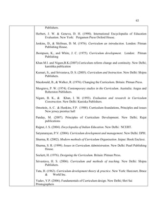 63
Publishers.
Herbert, J. W. & Geneva, D. H. (1990). International Encyclopedia of Education
Evaluation. New York: Pergamon Press Oxford House.
Jenkins, D., & Shifrnan, D. M. (1976). Curriculum an introduction. London: Pitman
Publishing House.
Jhompson, K., and White, J. C. (1975). Curriculum development. London: Pitman
Publishing
Khan.M.I. and Nigam,B.K.(2007).Curriculum reform change and continuity. New Delhi;
kanishka publication
Kumari, S., and Srivastava, D. S. (2005). Curriculum and Instruction. New Delhi: Shipra
Publishers.
Macdonald, B., & Walker, R. (1976). Changing the Curriculum. Britain: Pitman Press.
Musgrave, P. W. (1974). Contemporary studies in the Curriculum. Australia: Angus and
Roberston Publishers.
Nigam, B. K., & Khan, I. M. (1993). Evaluation and research in Curriculum
Construction. New Delhi: Kaniska Publishers.
Ornsttein, A. C. & Hunkins, F.P. (1988). Curriculum foundations, Principles and issues
New jersey prentice hall
Panday, M. (2007). Principles of Curriculum Development. New Delhi; Rajat
publications
Rajput, J. S. (2004). Encyclopedia of Indian Education. New Delhi: NCERT.
Satyanarayan, P.V. (2004). Curriculum development and management. New Delhi: DPH.
Sharma, R. (2002). Modern methods of Curriculum Organisation. Jaipur: Book Enclave.
Sharma, S. R. (1999). Issues in Curriculum Administration. New Delhi: Pearl Publishing
House.
Sockett, H. (1976). Designing the Curriculum. Britain: Pitman Press.
Srivastava, H. S. (2006). Curriculum and methods of teaching. New Delhi: Shipra
Publishers.
Tata, H. (1962). Curriculum development theory & practice. New York: Harcourt, Brace
& World Inc.
Yadav, Y.P. (2006). Fundamentals of Curriculum design. New Delhi; Shri Sai
Printographers
 