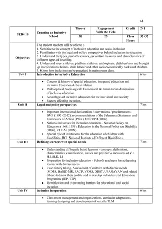 64
BED4.10
Creating an Inclusive
School
Theory Engagement
With the Field
Credit 2+1
50 25 Class
Hours
32+32
Objectives
The student teachers will be able to :-
1. Sensitise to the concept of inclusive education and social inclusion
2. Familiarize with the legal and policy perspectives behind inclusion in education
3. Understand the types, probable causes, preventive measures and characteristics of
different types of disability.
4. Understand street children, platform children, and orphans, children bom and brought
up in correctional homes, child labour and other socioeconomically backward children.
5. Know how inclusion can be practiced in mainstream class.
Unit I Introduction to inclusive Education 6 hrs
 Concept & history of special education, integrated education and
inclusive Education & their relation
 Philosophical, Sociological, Economical &Humanitarian dimensions
of inclusive education
 Advantages of inclusive education for the individual and society.
 Factors affecting inclusion.
Unit II Legal and policy perspectives 7 hrs
 Important international declarations / conventions / proclamations-
BMF (1993 -20 l2), recommendations of the Salamanca Statement and
Framework of Action (1994), UNCRPD (2006).
 National initiatives for inclusive education – National Policy on
Education (1968, 1986), Education in the National Policy on Disability
(2006), RTE Ac (2009).
 Special role of institutions for the education of children with
disabilities- RCI. National Institute of Different Disabilities.
Unit III Defining learners with special needs 7 hrs
 Understanding differently baled learners - concepts, definitions,
characteristics, classification, causes and preventive measures of V.I,
H.I, SLD, LI
 Preparation for inclusive education - School's readiness for addressing
learner with diverse needs
 Case history taking, Assessment of children with diverse needs
(MDPS, BASIC-MR, FACP, VSMS, DDST, UPANAYAN and related
others) to know their profile and to develop individualized Education
Programme (IEP / ITP)
 Identification and overcoming barriers for educational and social
inclusion
Unit IV lnclusion in operation 6 hrs
 Class room management and organizations, curricular adaptations,
leaming designing and development of suitable TLM
 