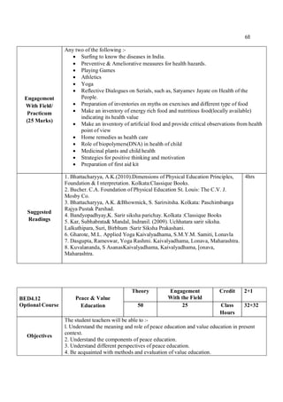 68
Engagement
With Field/
Practicum
(25 Marks)
Any two of the following :-
 Surfing to know the diseases in India.
 Preventive & Ameliorative measures for health hazards.
 Playing Games
 Athletics
 Yoga
 Reflective Dialogues on Serials, such as, Satyamev Jayate on Health of the
People.
 Preparation of inventories on myths on exercises and different type of food
 Make an inventory of energy rich food and nutritious food(locally available)
indicating its health value
 Make an inventory of artificial food and provide critical observations from health
point of view
 Home remedies as health care
 Role of biopolymers(DNA) in health of child
 Medicinal plants and child health
 Strategies for positive thinking and motivation
 Preparation of first aid kit
Suggested
Readings
1. Bhattacharyya, A.K.(2010).Dimensions of Physical Education Principles,
Foundation & I nterpretation. Kolkata:Classique Books.
2. Bucher. C.A. Foundation of Physical Education St. Louis: The C.V. J.
Mosby Co.
3. Bhattacharyya, A.K. &Bhowmick, S. Sarirsitsha. Kolkata: Paschimbanga
Rajya Pustak Parshad.
4. Bandyopadhyay,K. Sarir siksha parichay. Kolkata :Classique Books
5. Kar, Subhabrata& Mandal, Indranil. (2009). Uchhatara sarir siksha.
Lalkuthipara, Suri, Birbhum :Sarir Siksha Prakashani.
6. Gharote, M.L. Applied Yoga Kaivalyadhama, S.M.Y.M. Samiti, Lonavla
7. Dasgupta, Rameswar, Yoga Rashmi. Kaivalyadhama, Lonava, Maharashtra.
8. Kuvalananda, S AsanasKaivalyadhama, Kaivalyadhama, [onava,
Maharashtra.
4hrs
BED4.12
Optional Course
Peace & Value
Education
Theory Engagement
With the Field
Credit 2+1
50 25 Class
Hours
32+32
Objectives
The student teachers will be able to :-
l. Understand the meaning and role of peace education and value education in present
context.
2. Understand the components of peace education.
3. Understand different perspectives of peace education.
4. Be acquainted with methods and evaluation of value education.
 