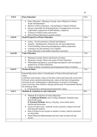 69
Unit I Peace Education 6 hrs
 Peace Education - Meaning, Concept, Aims, Objectives, Nature,
Scope and Importance.
 Barriers of Peace Education - Psychological, Cultural, Political.
 Factors responsible for disturbing Peace: Unemployment, terrorism,
Exploitation, suppression of Individuality, complexes.
 Violence in School, home and society.
 Role of Peace Education in present context.
Unit II Social Perspective of Peace Education 6 hrs
 Justice - Social economics, Cultural and religions
 Equality - Egalitarianism, Education for all, equal opportunity
 Critical thinking: Reasoning and applying wisdom cooperation
 Learning to be and learning to live together
 Peace Education in Secondary Education curriculum.
Unit III Value Education 7 hrs
 Meaning, Concept, Nature and Sources of values.
 Meaning, Concept, Nature and scope of Value Education.
 Philosophical perspective, psychological perspective and sociological
perspectives of Value Education.
 Values in Indian Constitution and Fundamental Duties of cltlzens.
Unit IV Women in Islam 7 hrs
General Idea about values o Classification of Values Personal and social
values
a) Intrinsic and extrinsic values on the basis of personal interest & social sood.
b) Social, moral, spiritual and democratic values on the basis ofexpectation
ofsociety & one's selfinspiration o Identihcation of Analysis of emerging
issues involving value conflicts o Design and develop of instructional material
for nurluring values
 o Characteristics of Instructional material for values.
Unit V Methods & evaluation of value Education 8hrs
 Methods & Evaluation of Value Education
a. Traditional Methods: Story Telling, Ramleela, Tamasha street
play & folk songs.
b. Practical Methods: Survey, role play, value clarifi cation,
Intellectual discussions
 Causes of value crisis : material, social, economic, religion evils and
their peaceful solution
 Role of School Every teacher as teacher of values, School curriculum
as value laden
 Moral Dilemma (Dharmsankat) and one's duty towards self and
societv
 