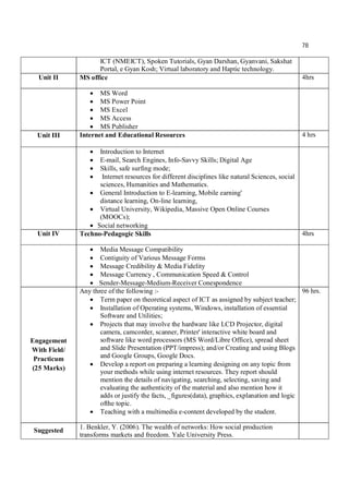 78
ICT (NMEICT), Spoken Tutorials, Gyan Darshan, Gyanvani, Sakshat
Portal, e Gyan Kosh; Virtual laboratory and Haptic technology.
Unit II MS office 4hrs
 MS Word
 MS Power Point
 MS Excel
 MS Access
 MS Publisher
Unit III Internet and Educational Resources 4 hrs
 Introduction to Internet
 E-mail, Search Engines, Info-Savvy Skills; Digital Age
 Skills, safe surfing mode;
 Internet resources for different disciplines like natural Sciences, social
sciences, Humanities and Mathematics.
 General Introduction to E-learning, Mobile earning'
distance learning, On-line learning,
 Virtual University, Wikipedia, Massive Open Online Courses
(MOOCs);
 Social networking
Unit IV Techno-Pedagogic Skills 4hrs
 Media Message Compatibility
 Contiguity of Various Message Forms
 Message Credibility & Media Fidelity
 Message Currency , Communication Speed & Control
 Sender-Message-Medium-Receiver Conespondence
Engagement
With Field/
Practicum
(25 Marks)
Any three of the following :-
 Term paper on theoretical aspect of ICT as assigned by subject teacher;
 Installation of Operating systems, Windows, installation of essential
Software and Utilities;
 Projects that may involve the hardware like LCD Projector, digital
camera, camcorder, scanner, Printer' interactive white board and
software like word processors (MS Word/Libre Office), spread sheet
and Slide Presentation (PPT/impress); and/or Creating and using Blogs
and Google Groups, Google Docs.
 Develop a report on preparing a learning designing on any topic from
your methods while using internet resources. They report should
mention the details of navigating, searching, selecting, saving and
evaluating the authenticity of the material and also mention how it
adds or justify the facts, _figures(data), graphics, explanation and logic
ofthe topic.
 Teaching with a multimedia e-content developed by the student.
96 hrs.
Suggested 1. Benkler, Y. (2006). The wealth of networks: How social production
transforms markets and freedom. Yale University Press.
 