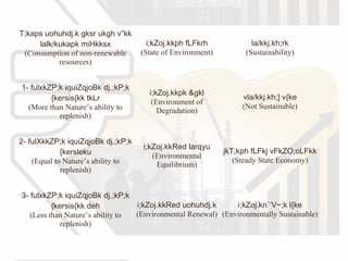 T;kaps uohuhdj.k gksr ukgh v”kk
lalk/kukapk miHkksx
(Consumption of non-renewable
resources)
i;kZoj.kkph fLFkrh
(State of Environment)
la/kkj.kh;rk
(Sustainability)
1- fulxkZP;k iquiZqjoBk dj.;kP;k
{kersis{kk tkLr
(More than Nature’s ability to
replenish)
i;kZoj.kkpk &gkl
(Environment of
Degradation)
vla/kkj.kh;] v{ke
(Not Sustainable)
2- fulXkkZP;k iquiZqjoBk dj.;kP;k
{kersleku
(Equal to Nature’s ability to
replenish)
i;kZoj.kkRed larqyu
(Environmental
Equilibrium)
jkT;kph fLFkj vFkZO;oLFkk
(Steady State Economy)
3- fulxkZP;k iquiZqjoBk dj.;kP;k
{kersis{kk deh
(Less than Nature’s ability to
replenish)
i;kZoj.kkRed uohuhdj.k
(Environmental Renewal)
i;kZoj.kn`’V~;k l{ke
(Environmentally Sustainable)
 