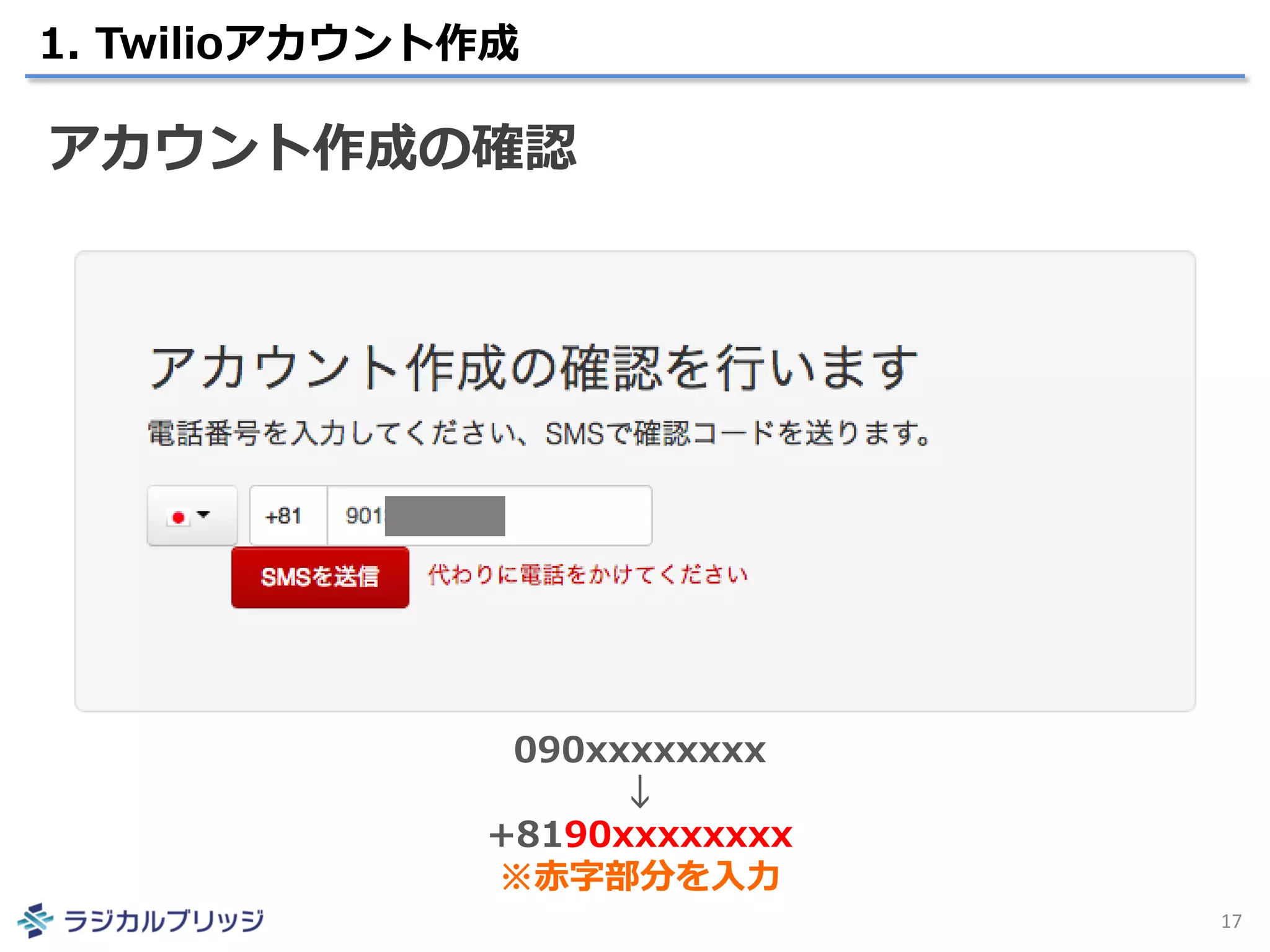 1. Twilioアカウント作成
17
アカウント作成の確認
090xxxxxxxx
↓
+8190xxxxxxxx
※赤字部分を入力
 