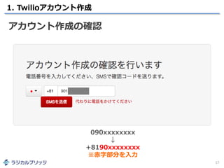 1. Twilioアカウント作成
17
アカウント作成の確認
090xxxxxxxx
↓
+8190xxxxxxxx
※赤字部分を入力
 