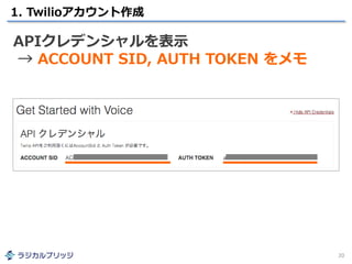 1. Twilioアカウント作成
20
APIクレデンシャルを表示
→ ACCOUNT SID, AUTH TOKEN をメモ
 