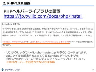 2. PHP作成＆設置
25
PHPヘルパーライブラリの設置
https://jp.twilio.com/docs/php/install
・リンククリックで twilio-php-master.zip がダウンロードされます。
・zipファイルを解凍すると出てくる Services ディレクトリを
自身のWebサーバーの任意のディレクトリにアップロードします。
※Webサーバーをお持ちでない方は省略
 