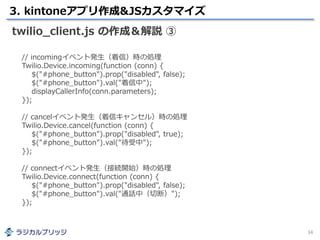 3. kintoneアプリ作成&JSカスタマイズ
34
twilio_client.js の作成＆解説 ③
// incomingイベント発生（着信）時の処理
Twilio.Device.incoming(function (conn) {
$("#phone_button").prop("disabled", false);
$("#phone_button").val("着信中");
displayCallerInfo(conn.parameters);
});
// cancelイベント発生（着信キャンセル）時の処理
Twilio.Device.cancel(function (conn) {
$("#phone_button").prop("disabled", true);
$("#phone_button").val("待受中");
});
// connectイベント発生（接続開始）時の処理
Twilio.Device.connect(function (conn) {
$("#phone_button").prop("disabled", false);
$("#phone_button").val("通話中（切断）");
});
 