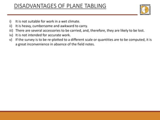 i) It is not suitable for work in a wet climate.
ii) It is heavy, cumbersome and awkward to carry.
iii) There are several accessories to be carried, and, therefore, they are likely to be lost.
iv) It is not intended for accurate work.
v) If the survey is to be re-plotted to a different scale or quantities are to be computed, it is
a great inconvenience in absence of the field notes.
DISADVANTAGES OF PLANE TABLING
 
