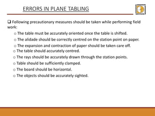 ERRORS IN PLANE TABLING
 Following precautionary measures should be taken while performing field
work:
o The table must be accurately oriented once the table is shifted.
o The alidade should be correctly centred on the station point on paper.
o The expansion and contraction of paper should be taken care off.
o The table should accurately centred.
o The rays should be accurately drawn through the station points.
o Table should be sufficiently clamped.
o The board should be horizontal.
o The objects should be accurately sighted.
 