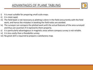i) It is most suitable for preparing small-scale maps.
ii) It is most rapid.
iii) The field book is not necessary as plotting is done in the field concurrently with the field
work, and hence the mistakes in booking the field notes are avoided.
iv) The surveyor can compare the plotted work with the actual features of the area surveyed
and thus can ascertain if it represents them properly.
v) It is particularly advantageous in magnetic areas where compass survey is not reliable.
vi) It is less costly than a theodolite survey.
vii) No great skill is required to prepare a satisfactory map.
ADVANTAGES OF PLANE TABLING
 