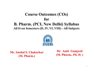 Course Outcomes (COs)
for
B. Pharm. (PCI, New Delhi) Syllabus
All Even Semesters (II, IV, VI, VIII) - All Subjects
Ms. Snehal S. Chakorkar
(M. Pharm.)
1
Dr. Amit Gangwal
(M. Pharm., Ph. D. )
 