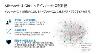 FY18 のコントリビューション
• 63,000 プルリクエスト
• 3,000 リポジトリ
• 11,000 コントリビュータ
• 35,000 レビューワー
オープンソースコミュニティと同じプロセスとプラ
クティスを使⽤して、組織内でチームが共同
作業します
チーム間でのコラボレーションの簡素化、知識の共有、
コードの再利⽤の改善、安全なワークフロー
インナーソースとオープンソースのプラクティスを活⽤すること
で、開発者の満⾜度が⾼まり、興味のあるプロジェクトに
取り組み、スキルを向上させることができます
 