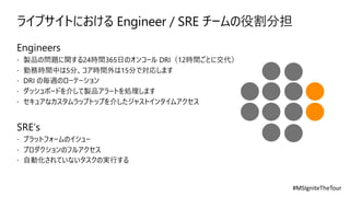 ライブサイトにおける Engineer / SRE チームの役割分担
 