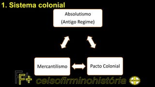 1. Sistema colonial
Absolutismo
(Antigo Regime)
Mercantilismo Pacto Colonial
 