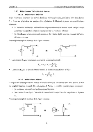 Chapitre 1                                                                                         Réseaux électriques en régime continu 
 
9
2.5.5. Théorèmes de Thévenin et de Norton
2.5.5.1. Théorème de Thévenin
Il est possible de remplacer une portion de réseau électrique linéaire, considérée entre deux bornes
A et B, par un générateur de tension, dit « générateur de Thévenin », ayant les caractéristiques
suivantes :
 Sa résistance interne RTh est la résistance équivalente entre les bornes A et B lorsque chaque
générateur indépendant est passivé (remplacé par sa résistance interne).
 Sa f.é.m ETh est la tension mesurée entre A et B à vide (le dipôle n’est pas connecté à d’autres
éléments externes.
Prenons par exemple le montage de la figure suivante :
 La résistance RTh est obtenue en passivant la source de tension E :
 
21
21
21 //
RR
RR
RRRTh


 La tension ETh est la tension obtenue entre A et B (tension aux bornes de R2) :
E
RR
R
ETh
21
2


2.5.5.2. Théorème de Norton
Il est possible de remplacer une portion de réseau électrique, considérée entre deux bornes A et B,
par un générateur de courant, dit « générateur de Norton », ayant les caractéristiques suivantes :
 Sa résistance interne RN est la résistance de Northon.
 Son courant IN est égal à l’intensité de court-circuit lorsque l’on relie les points A et B par un
fil.
Prenons par exemple le montage de la figure suivante :
B
A
R2E
R1
B
A
ETh
RTh
B
A
R2E
R1
B
A
RN
IN
 